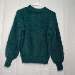 Jorya Chyi Fuzzy Knit Sweater Small Dark Green Balloon Sleeve Pullover